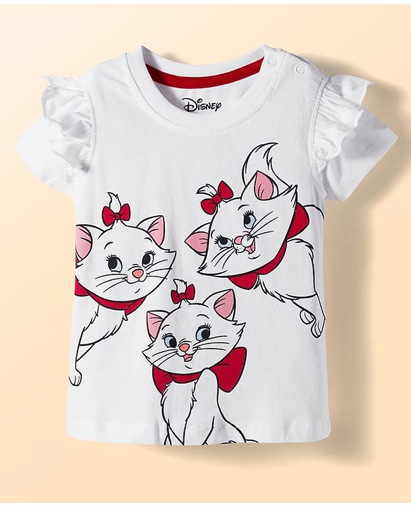 Babyhug Disney Single Jersey Knit Half Frill Sleeves T-Shirt with Shorts Set and Marie Graphic - Red & White