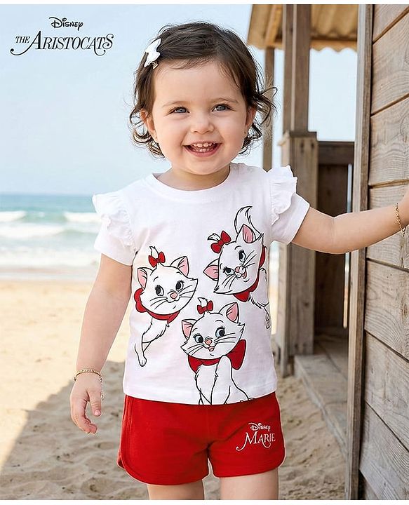 Babyhug Disney Single Jersey Knit Half Frill Sleeves T-Shirt with Shorts Set and Marie Graphic - Red & White
