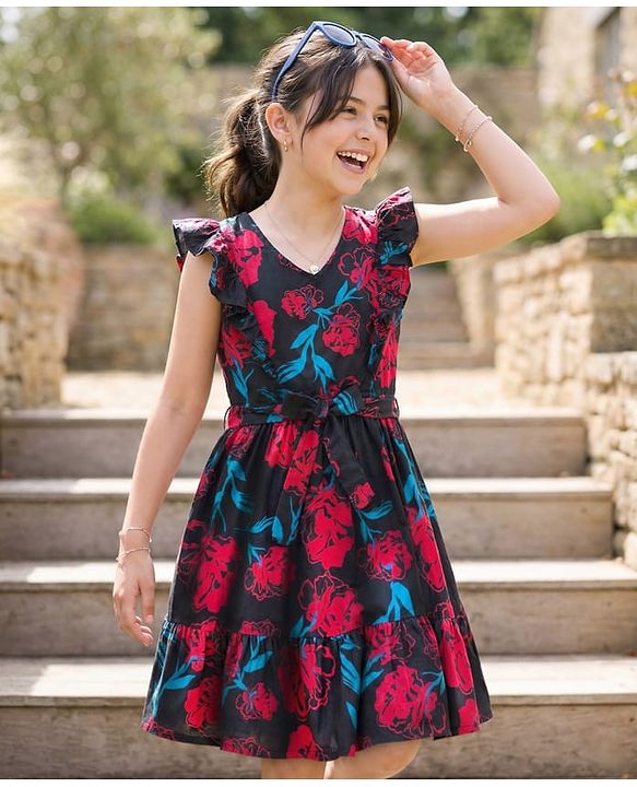 Pine Kids Rayon Woven Frill Sleeves Frock with Fabric Belt & Floral Print - Black