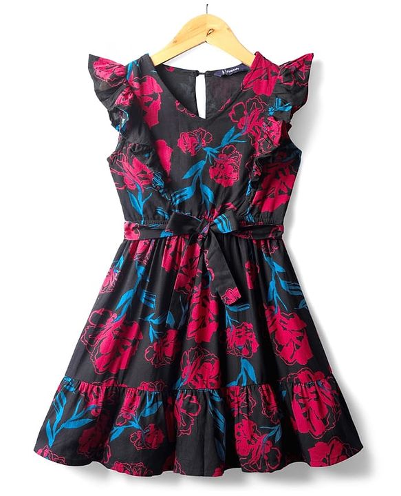 Pine Kids Rayon Woven Frill Sleeves Frock with Fabric Belt & Floral Print - Black