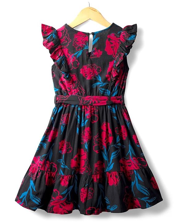 Pine Kids Rayon Woven Frill Sleeves Frock with Fabric Belt & Floral Print - Black