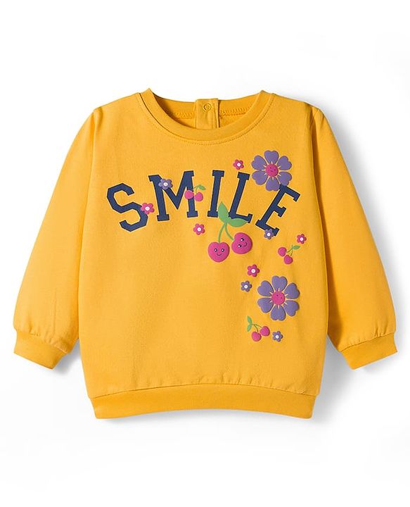 Babyhug Terry Knit Full Sleeves Top and Jeans Set With Smile Text Print - Yellow & Blue