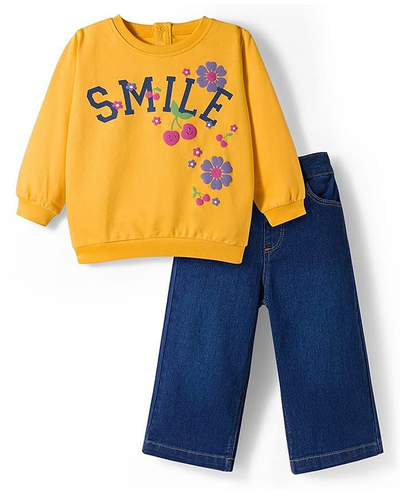 Babyhug Terry Knit Full Sleeves Top and Jeans Set With Smile Text Print - Yellow & Blue