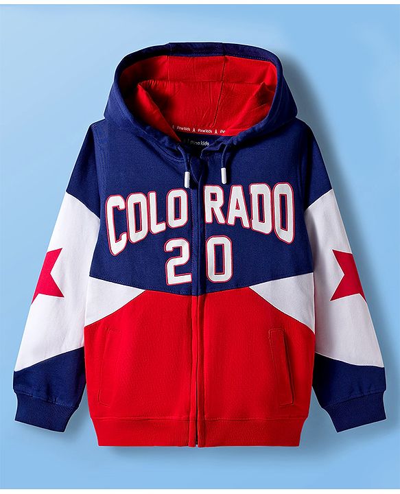 Pine Kids Cotton Knit Full Sleeves Hooded Sweatjacket With Colorado Print - Navy Blue Red & White