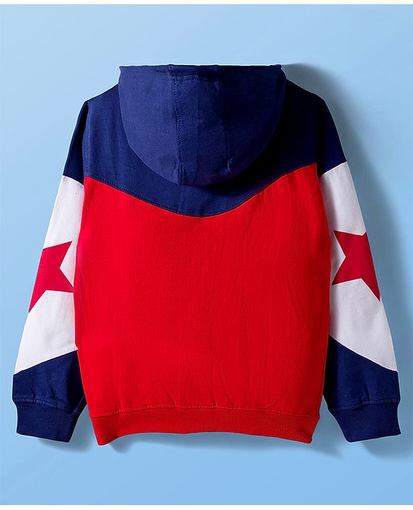 Pine Kids Cotton Knit Full Sleeves Hooded Sweatjacket With Colorado Print - Navy Blue Red & White