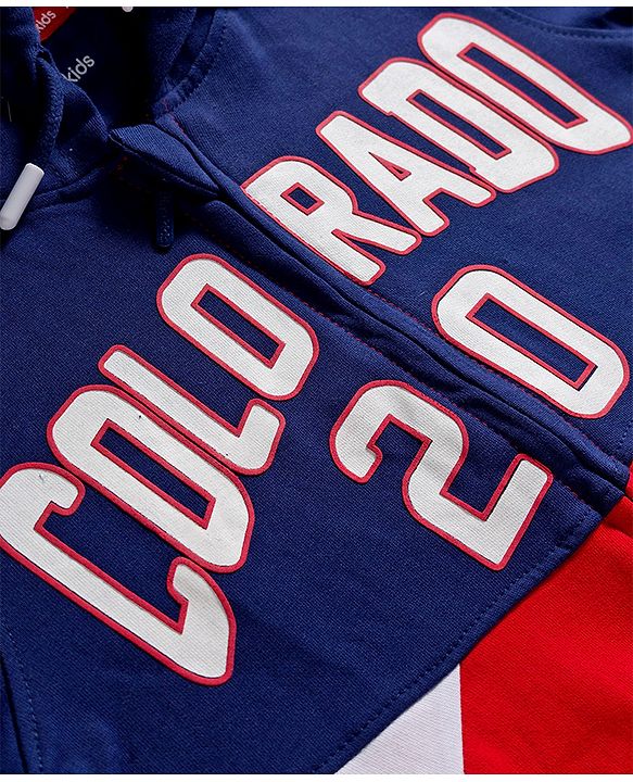Pine Kids Cotton Knit Full Sleeves Hooded Sweatjacket With Colorado Print - Navy Blue Red & White