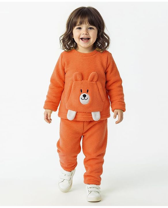 Babyhug Sherpa Fur Knit Full Sleeves Winter Wear Co-ord Set With Applique - Light Blue