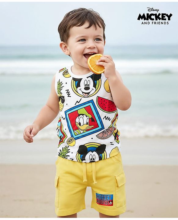 Babyhug Disney 100% Cotton Sleeveless T-Shirt & Short Set With Mickey & Friends Graphics - Multi Colour