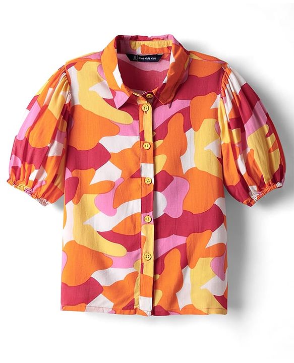 Pine Kids Woven Puff Sleeves Shirt Style Top With Abstract Print - Orange