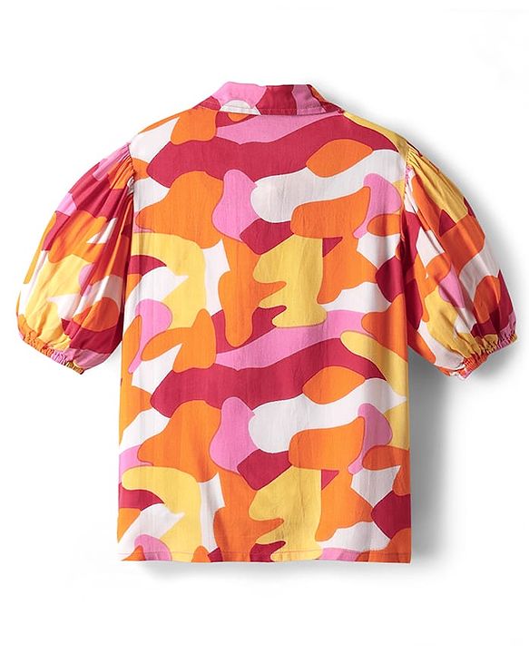 Pine Kids Woven Puff Sleeves Shirt Style Top With Abstract Print - Orange