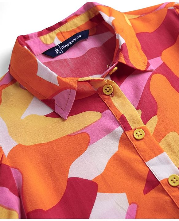 Pine Kids Woven Puff Sleeves Shirt Style Top With Abstract Print - Orange