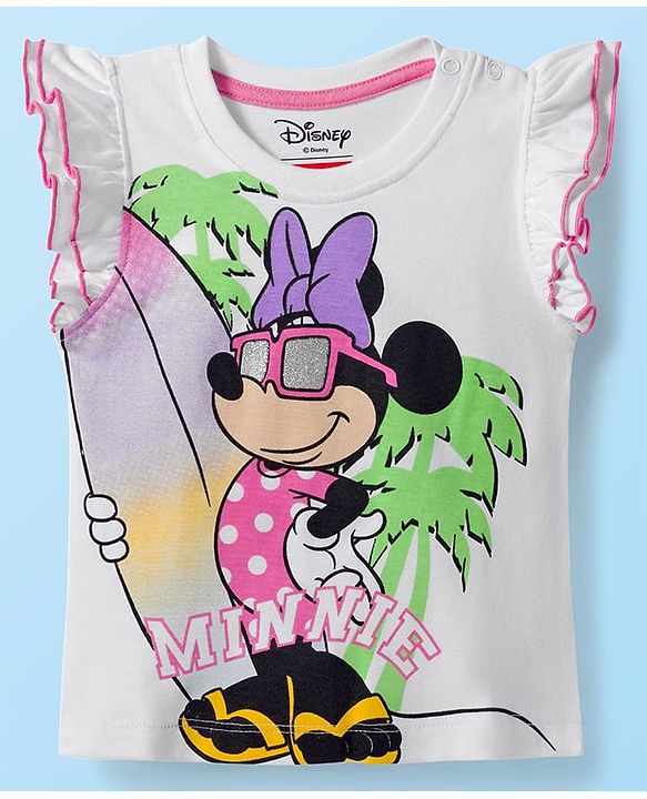 Babyhug Disney Single Jersey Knit Frill Sleeves T-Shirt with Minnie Mouse Graphics - White