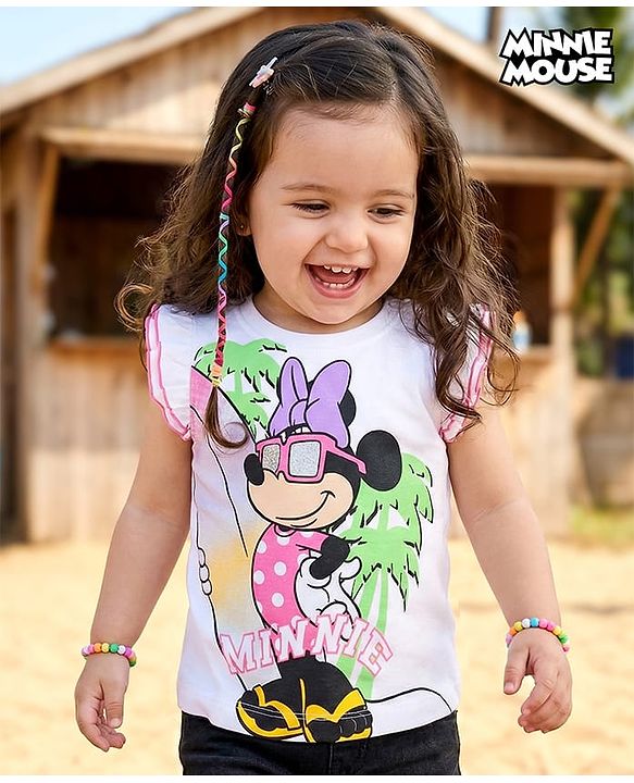 Babyhug Disney Single Jersey Knit Frill Sleeves T-Shirt with Minnie Mouse Graphics - White