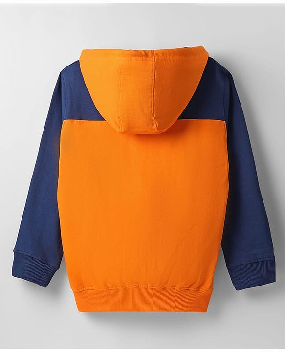 Pine Kids Cotton Knit Full Sleeves Cut & Sew Designed Hooded Sweatjacket with Text Print & Kangaroo Pockets - Orange Blue & White
