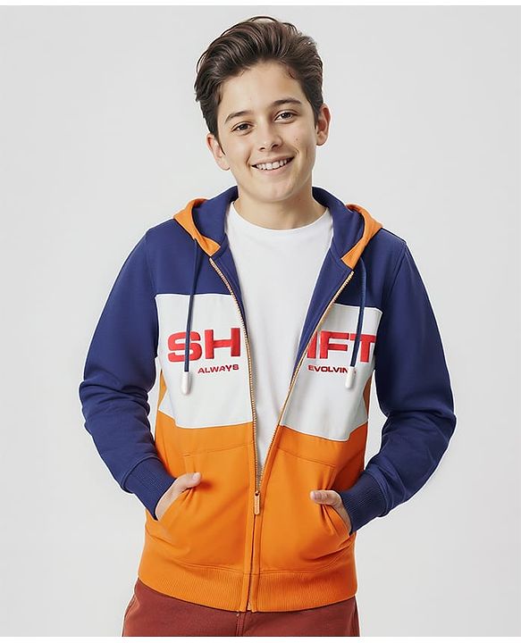 Pine Kids Cotton Knit Full Sleeves Cut & Sew Designed Hooded Sweatjacket with Text Print & Kangaroo Pockets - Orange Blue & White