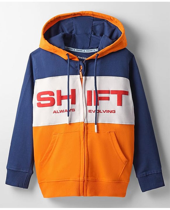 Pine Kids Cotton Knit Full Sleeves Cut & Sew Designed Hooded Sweatjacket with Text Print & Kangaroo Pockets - Orange Blue & White
