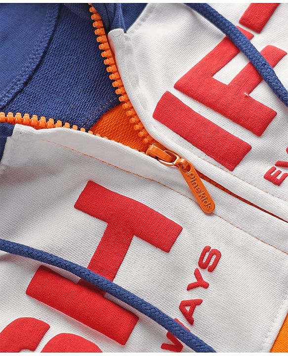 Pine Kids Cotton Knit Full Sleeves Cut & Sew Designed Hooded Sweatjacket with Text Print & Kangaroo Pockets - Orange Blue & White