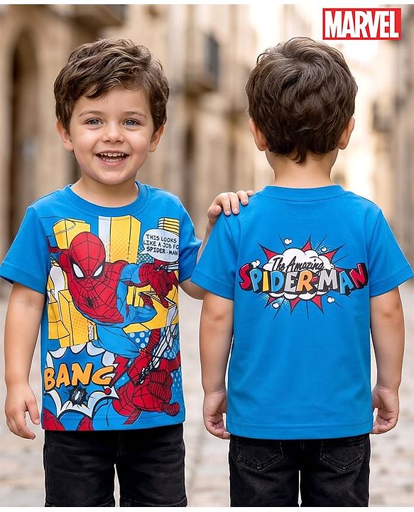 Babyhug Marvel Single Jersey Knit Half Sleeves T-Shirt With Spider-Man Graphics - Blue