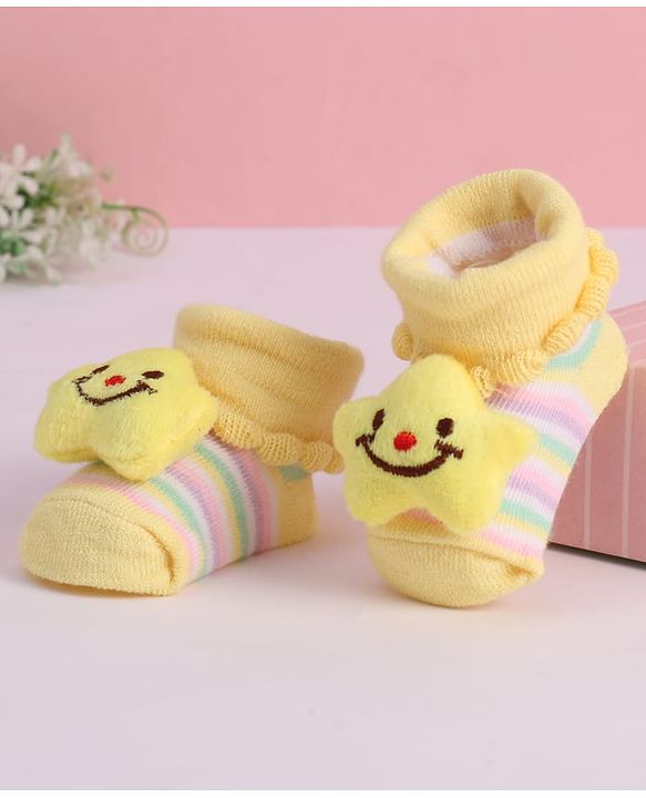 Cute Walk by Babyhug Striped Fabric Socks With Star Applique - Yellow