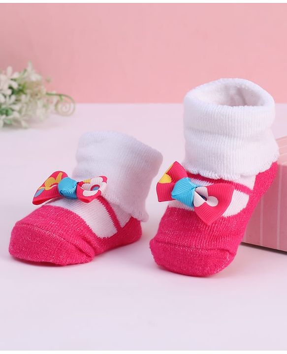 Cute Walk by Babyhug Fabric Socks With Bow Applique - Dark Pink & White