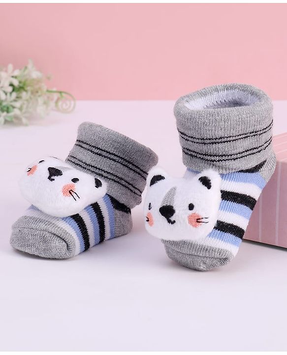 Cute Walk by Babyhug Striped Fabric Socks With Cat Applique - Grey