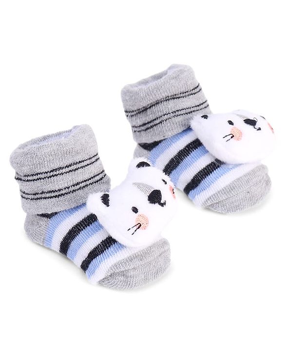 Cute Walk by Babyhug Striped Fabric Socks With Cat Applique - Grey