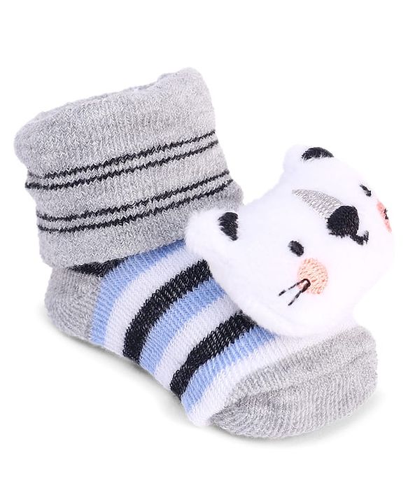 Cute Walk by Babyhug Striped Fabric Socks With Cat Applique - Grey