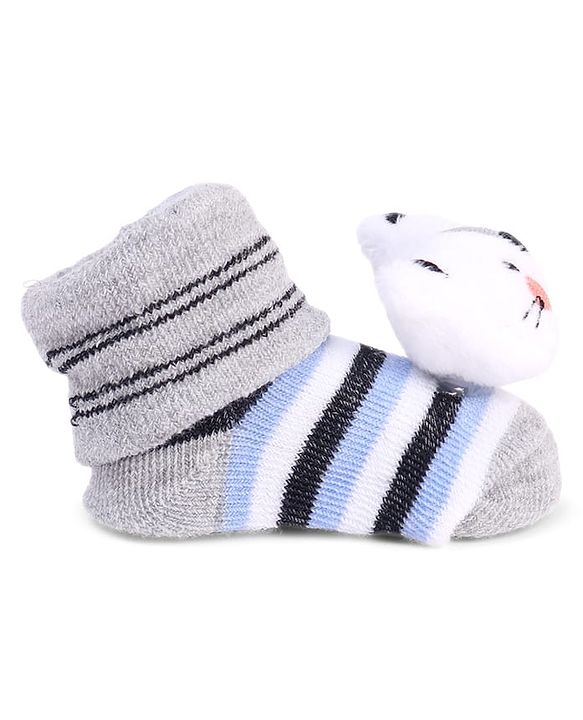 Cute Walk by Babyhug Striped Fabric Socks With Cat Applique - Grey