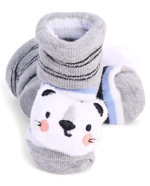 Cute Walk by Babyhug Striped Fabric Socks With Cat Applique - Grey
