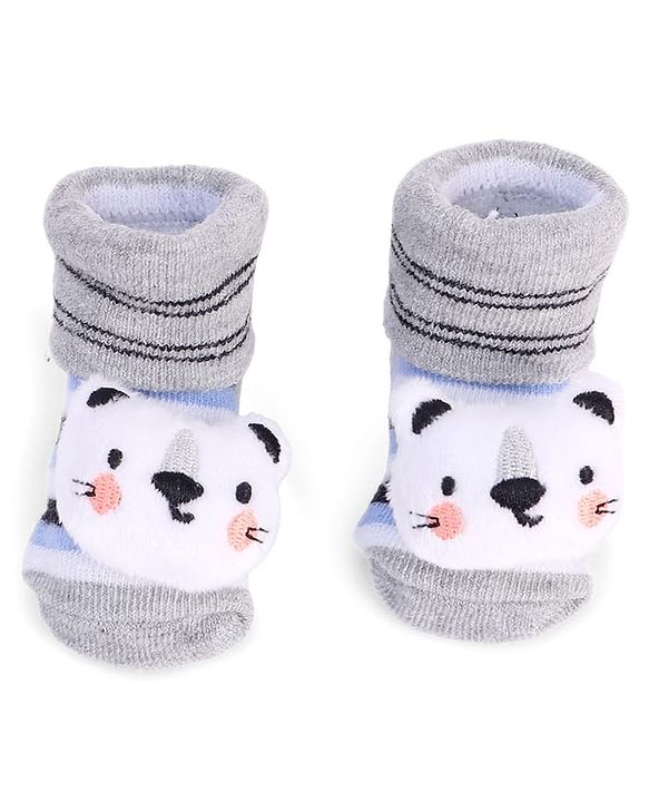 Cute Walk by Babyhug Striped Fabric Socks With Cat Applique - Grey