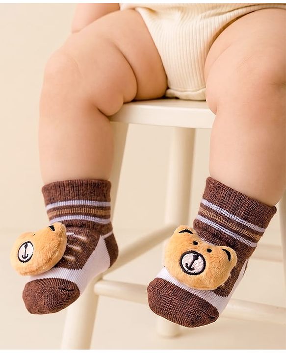 Cute Walk by Babyhug Designed Socks With Bear Applique - Brown