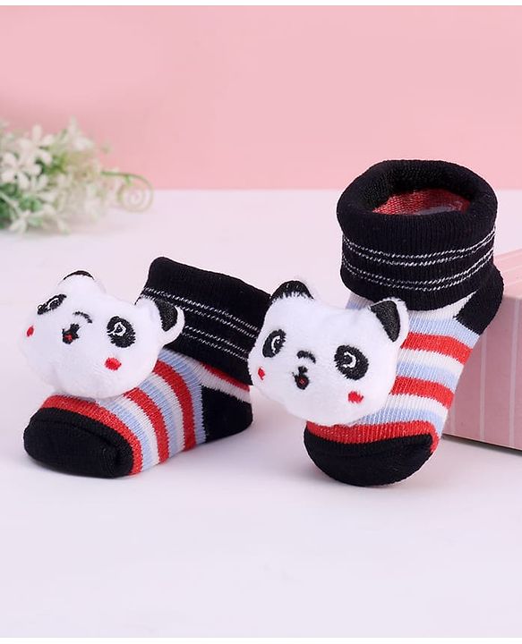 Cute Walk by Babyhug Striped Fabric Socks With Panda Applique - Multicolor
