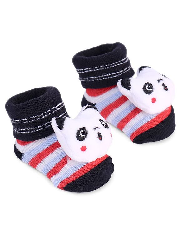 Cute Walk by Babyhug Striped Fabric Socks With Panda Applique - Multicolor