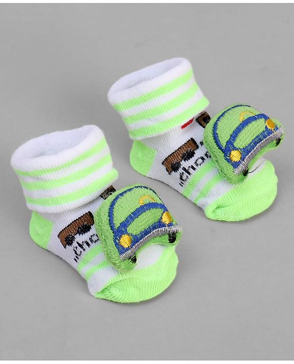 Cute Walk by Babyhug Ankle Length Sock Shoes with Vehicle Applique & Stripes - Neon Green