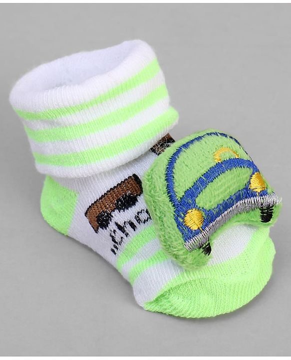 Cute Walk by Babyhug Ankle Length Sock Shoes with Vehicle Applique & Stripes - Neon Green