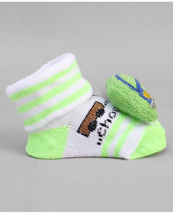Cute Walk by Babyhug Ankle Length Sock Shoes with Vehicle Applique & Stripes - Neon Green