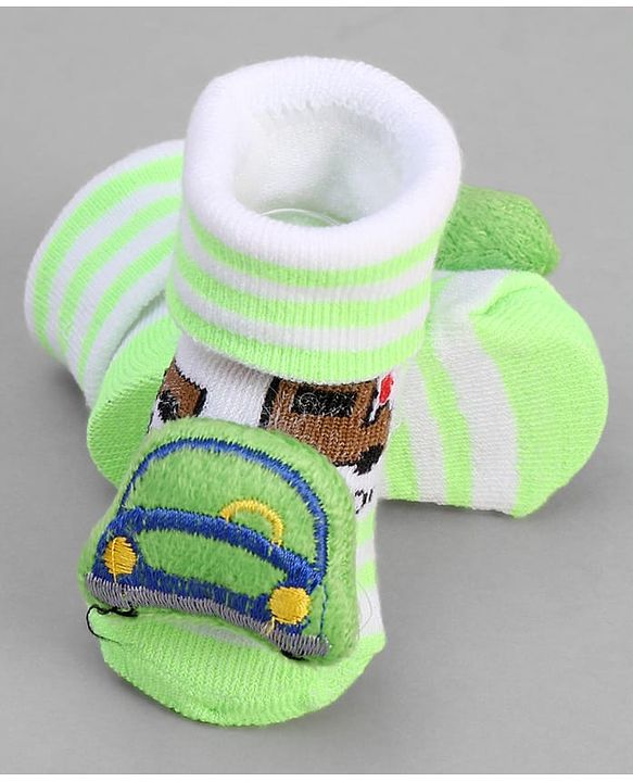 Cute Walk by Babyhug Ankle Length Sock Shoes with Vehicle Applique & Stripes - Neon Green