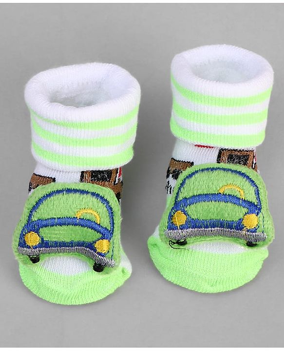 Cute Walk by Babyhug Ankle Length Sock Shoes with Vehicle Applique & Stripes - Neon Green