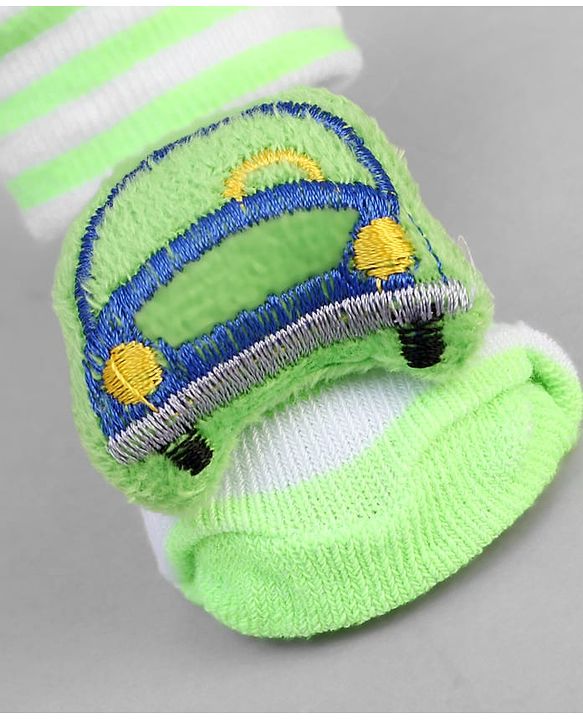 Cute Walk by Babyhug Ankle Length Sock Shoes with Vehicle Applique & Stripes - Neon Green