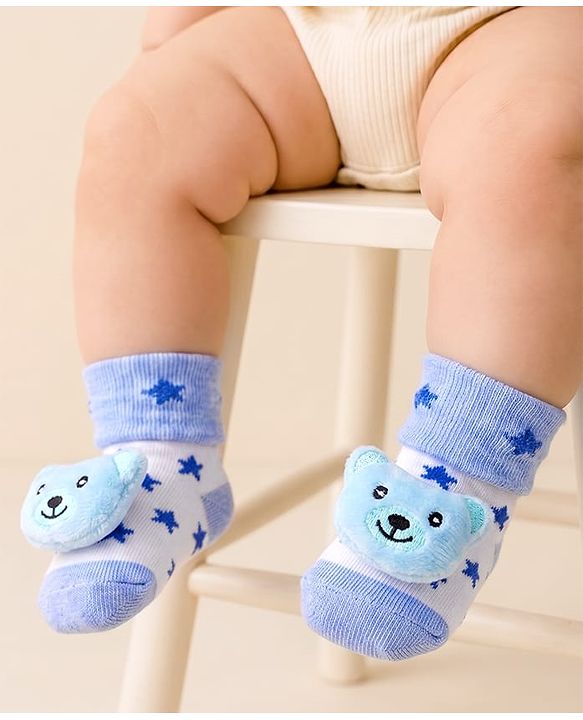 Cute Walk by Babyhug Ankle Length Sock Shoes with Star Design & Bear Applique - Light Blue