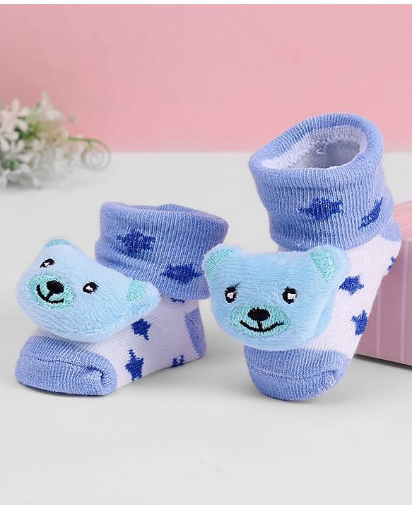 Cute Walk by Babyhug Ankle Length Sock Shoes with Star Design & Bear Applique - Light Blue