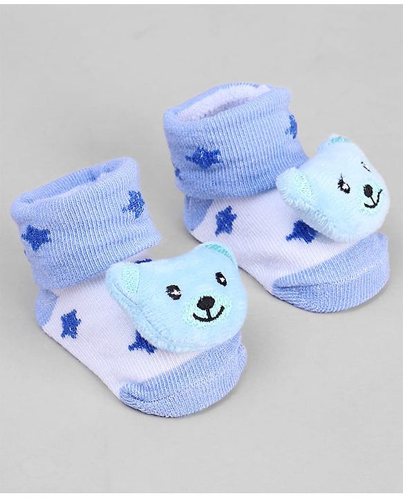 Cute Walk by Babyhug Ankle Length Sock Shoes with Star Design & Bear Applique - Light Blue