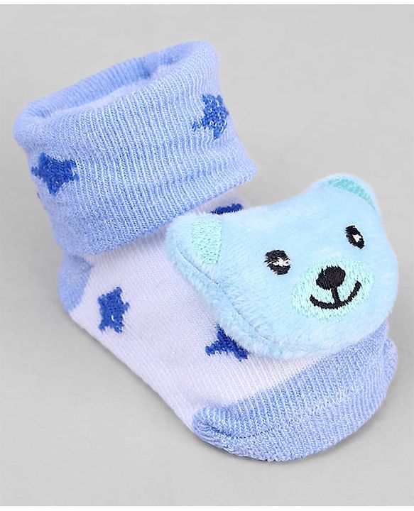 Cute Walk by Babyhug Ankle Length Sock Shoes with Star Design & Bear Applique - Light Blue