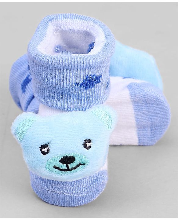 Cute Walk by Babyhug Ankle Length Sock Shoes with Star Design & Bear Applique - Light Blue