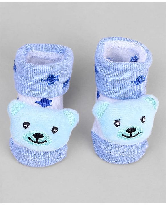 Cute Walk by Babyhug Ankle Length Sock Shoes with Star Design & Bear Applique - Light Blue