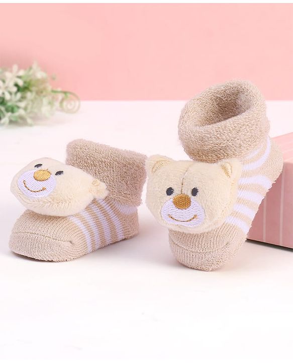Cute Walk by Babyhug Designed Socks With Bear Applique - Tan