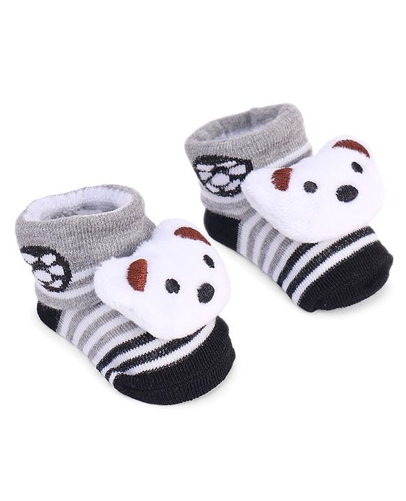 Cute Walk by Babyhug Striped Fabric Socks With Animal Applique - Grey