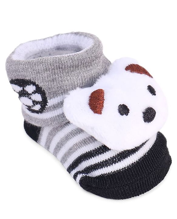 Cute Walk by Babyhug Striped Fabric Socks With Animal Applique - Grey