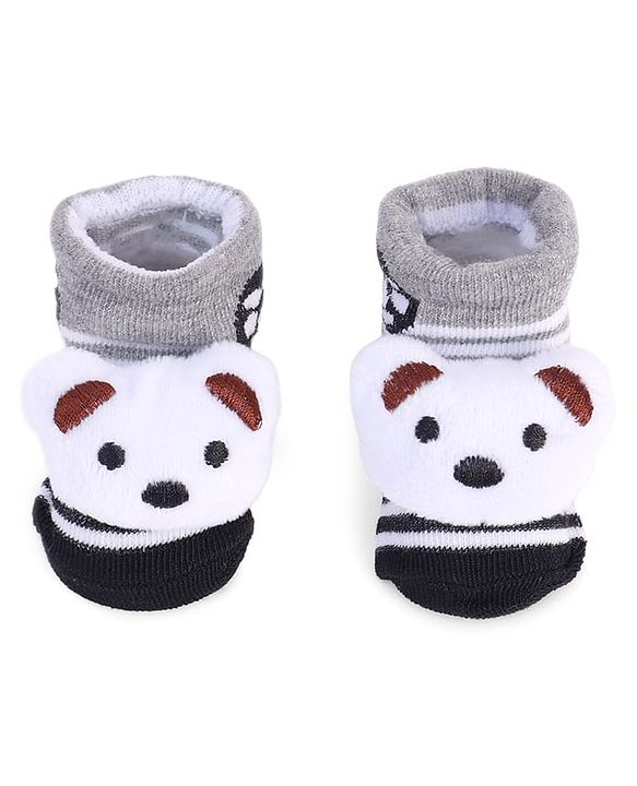 Cute Walk by Babyhug Striped Fabric Socks With Animal Applique - Grey