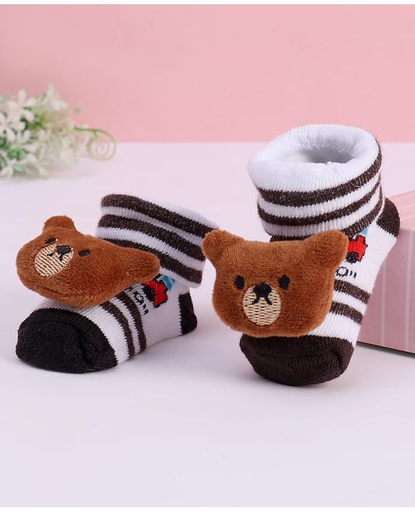 Cute Walk by Babyhug Striped Fabric Socks With Teddy Bear Applique - Brown & White